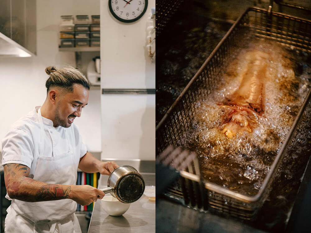 Carlo Buenaventura (L) is the chef behind The Cult Project; pork hock deep-frying. Photos: Josh Griggs